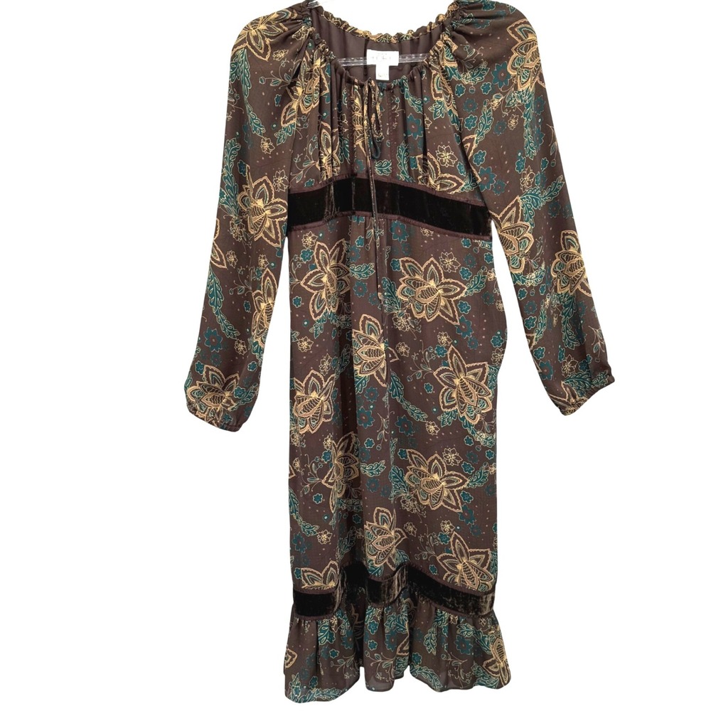 Ann Taylor LOFT Y2K Floral Velvet Peasant Dark Fairy Cottage Midi Dress Size‎ 6